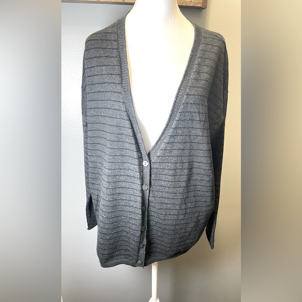 Eileen Fisher Women's Wool Gray Black Striped Long‎ Sleeve Cardigan Size Medium